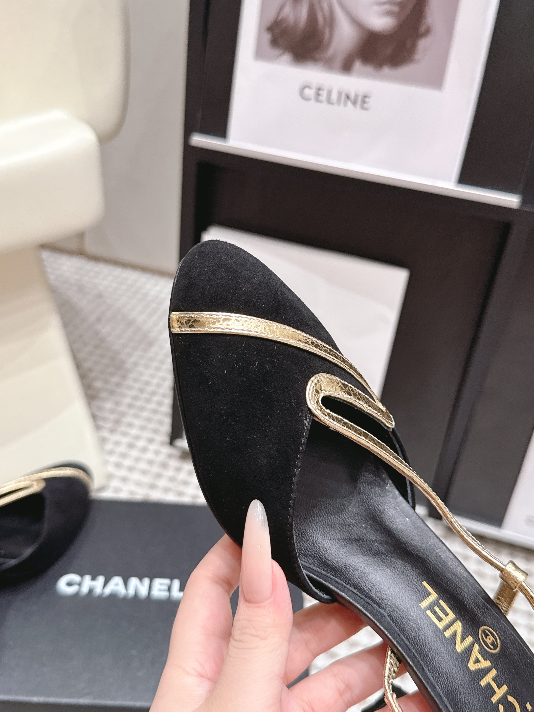 CHANEL 26S HIGH-HEEL SLINGBACKS IN BLACK SUESE WITH GOLD TRIM