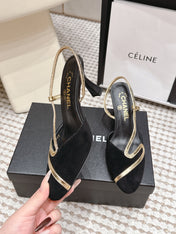 CHANEL 26S HIGH-HEEL SLINGBACKS IN BLACK SUESE WITH GOLD TRIM
