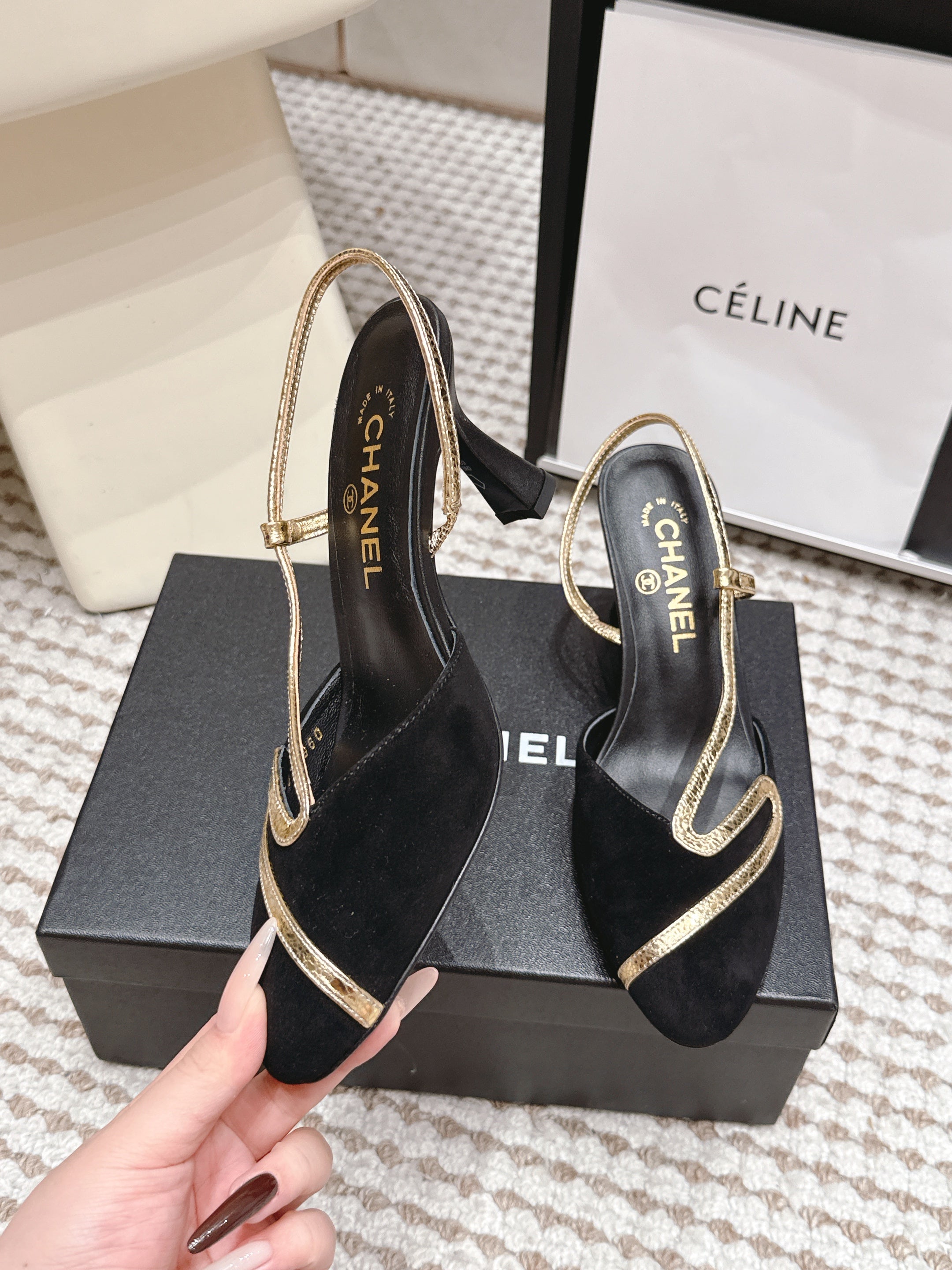 CHANEL 26S HIGH-HEEL SLINGBACKS IN BLACK SUESE WITH GOLD TRIM