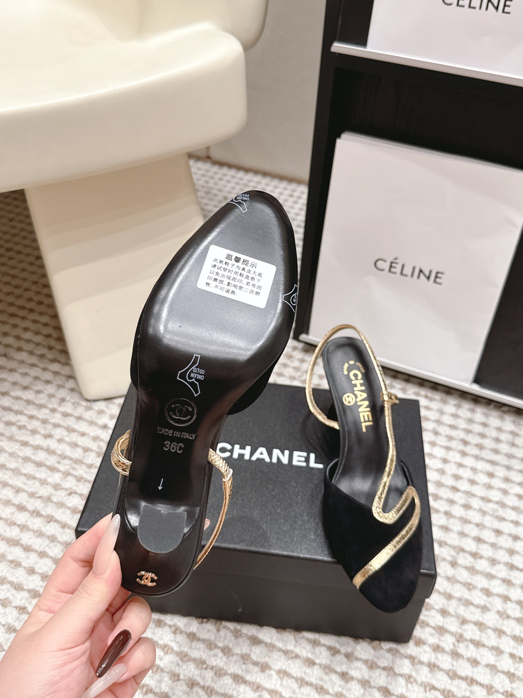 CHANEL 26S HIGH-HEEL SLINGBACKS IN BLACK SUESE WITH GOLD TRIM
