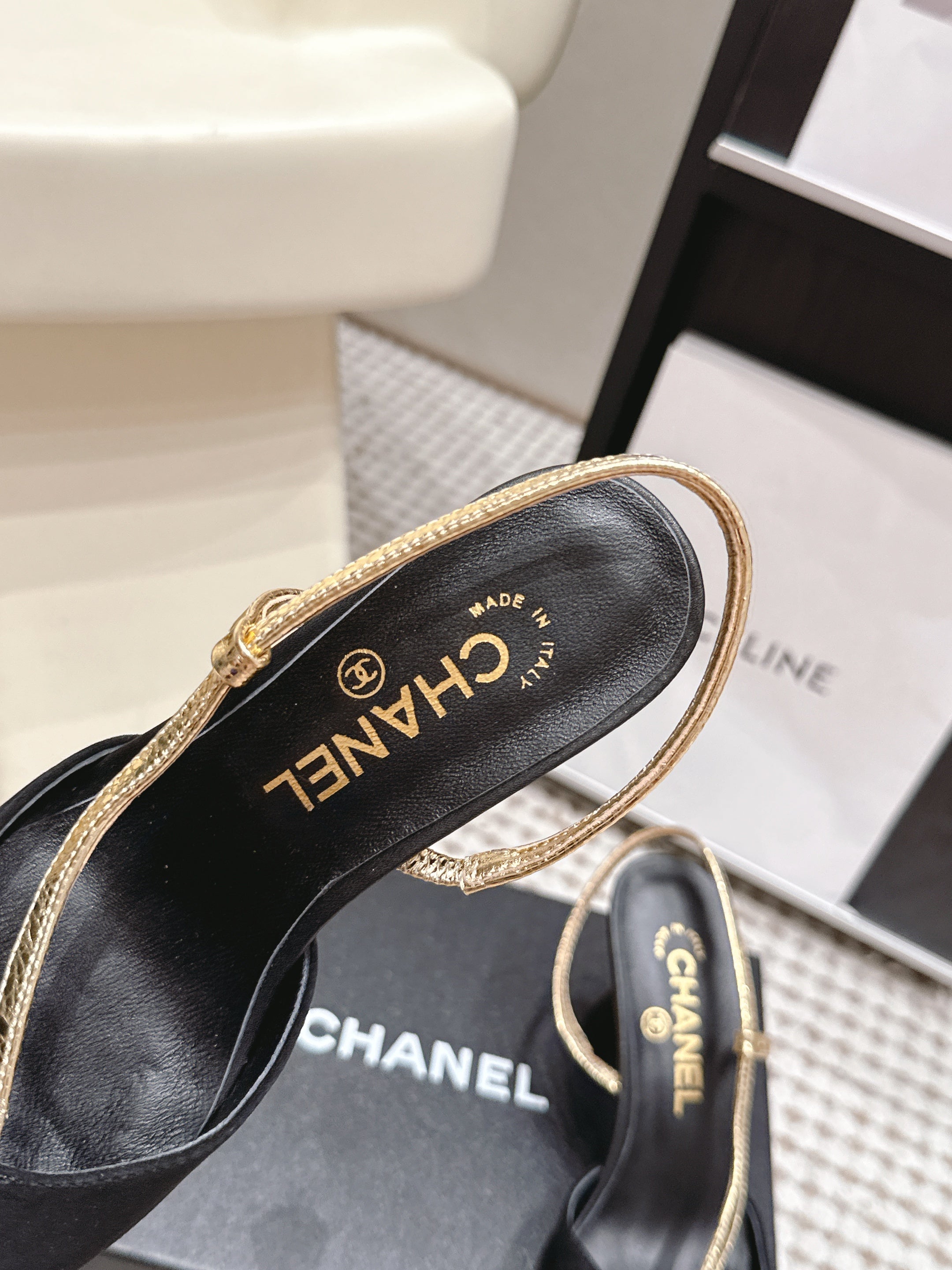 CHANEL 26S HIGH-HEEL SLINGBACKS IN BLACK SUESE WITH GOLD TRIM