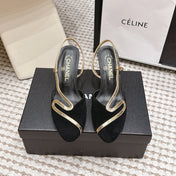 CHANEL 26S HIGH-HEEL SLINGBACKS IN BLACK SUESE WITH GOLD TRIM