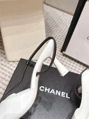 CHANEL 26S HIGH-HEEL SLINGBACKS IN WHITE CALFSKIN WITH BLACK TRIM