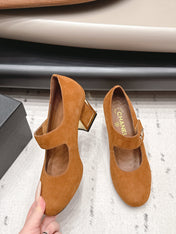 CHANEL 26S MARY JANE BLOCK HEEL PUMPS 80 MM IN BROWN SUEDE