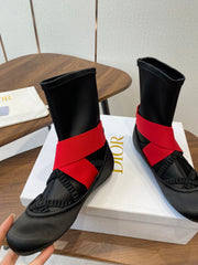 DIOR 25S STRETCH BALLET BOOTS IN BLACK AND RED SATIN
