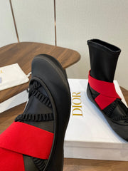 DIOR 25S STRETCH BALLET BOOTS IN BLACK AND RED SATIN