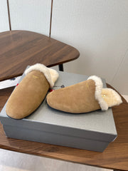 PRADA 25S CLOGS IN LIGHT BROWN SUEDE FUR-LINED