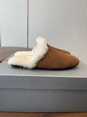 PRADA 25S CLOGS IN BROWN SUEDE FUR-LINED
