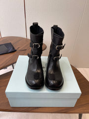 PRADA 25S TWO-BUTTON COWBOY BOOTS IN BLACK CALFSKIN WITH SILVER HARDWARE