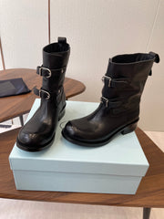 PRADA 25S TWO-BUTTON COWBOY BOOTS IN BLACK CALFSKIN WITH SILVER HARDWARE