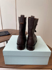 PRADA 25S TWO-BUTTON COWBOY BOOTS IN DARK BROWN CALFSKIN WITH SILVER HARDWARE