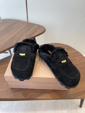 MIUMIU 25S MULES SLIPPERS SHEEPWOOL IN BLACK SUEDE