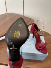 PRADA 26S HIGH HEEL SANDALS 85MM IN BURGUNDY RED SUEDE WITH BOW