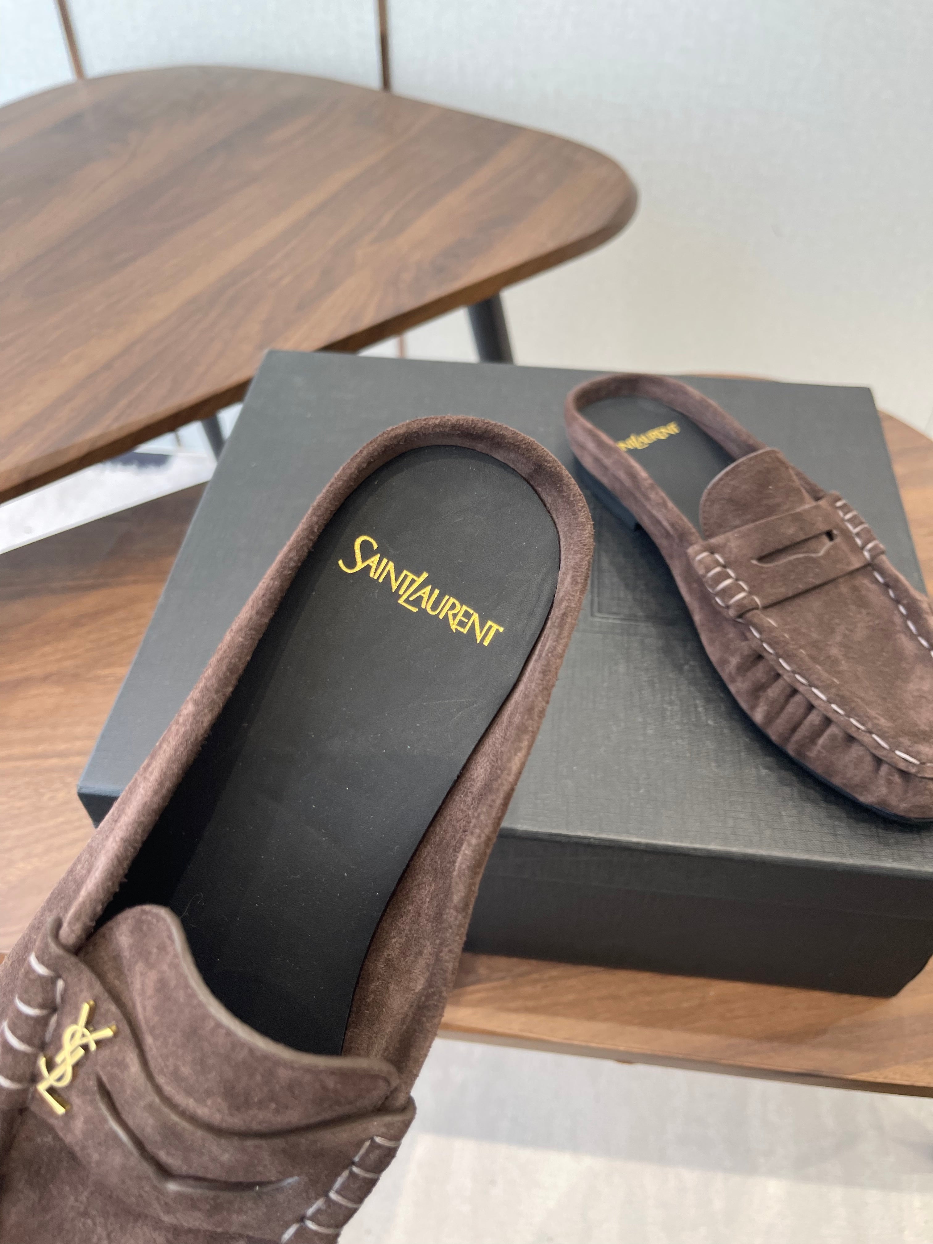 YSL 26S LOAFER MULES IN EARTH BROWN SUEDE