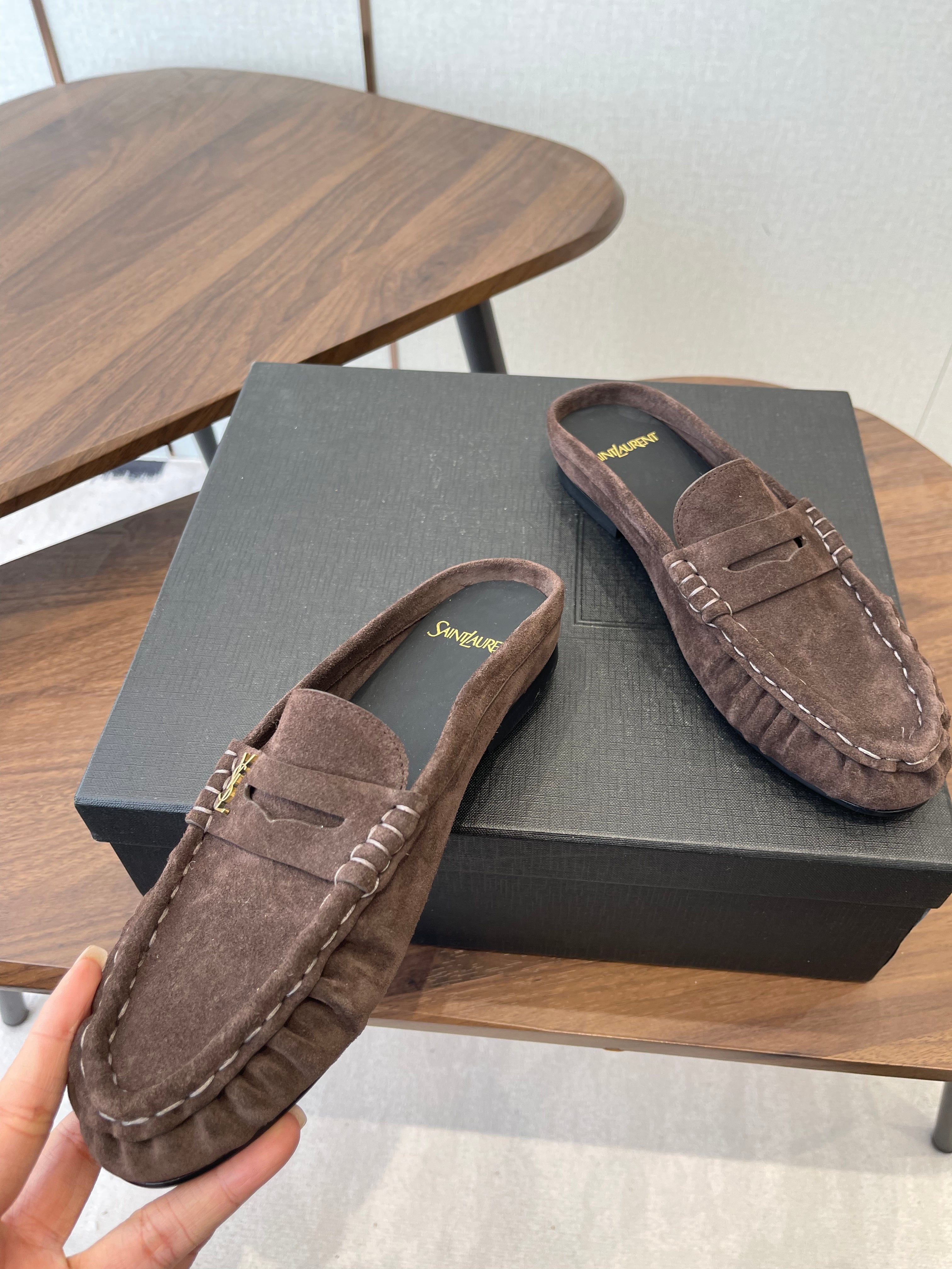 YSL 26S LOAFER MULES IN EARTH BROWN SUEDE