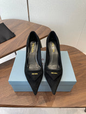 PRADA 26S POINTED TOE HIGH HEELS 75MM IN BLACK SUEDE WITH LOGO