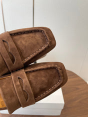 THE ROW 26S SQUARE TOE LOAFERS IN DARK BROWN SUEDE