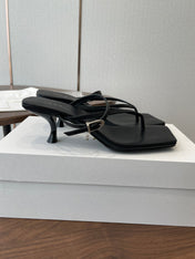 THE ROW 26S SQUARE TOE THONG HEELS IN BLACK CALFSKIN