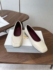 THE ROW 26S SQUARE TOE  BALLET FLATS IN CREAM WHITE CALFSKIN