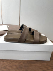 THE ROW 26S DOUBLE STRAP TOE LOOP SLIDE SANDALS IN BROWN CALFSKIN
