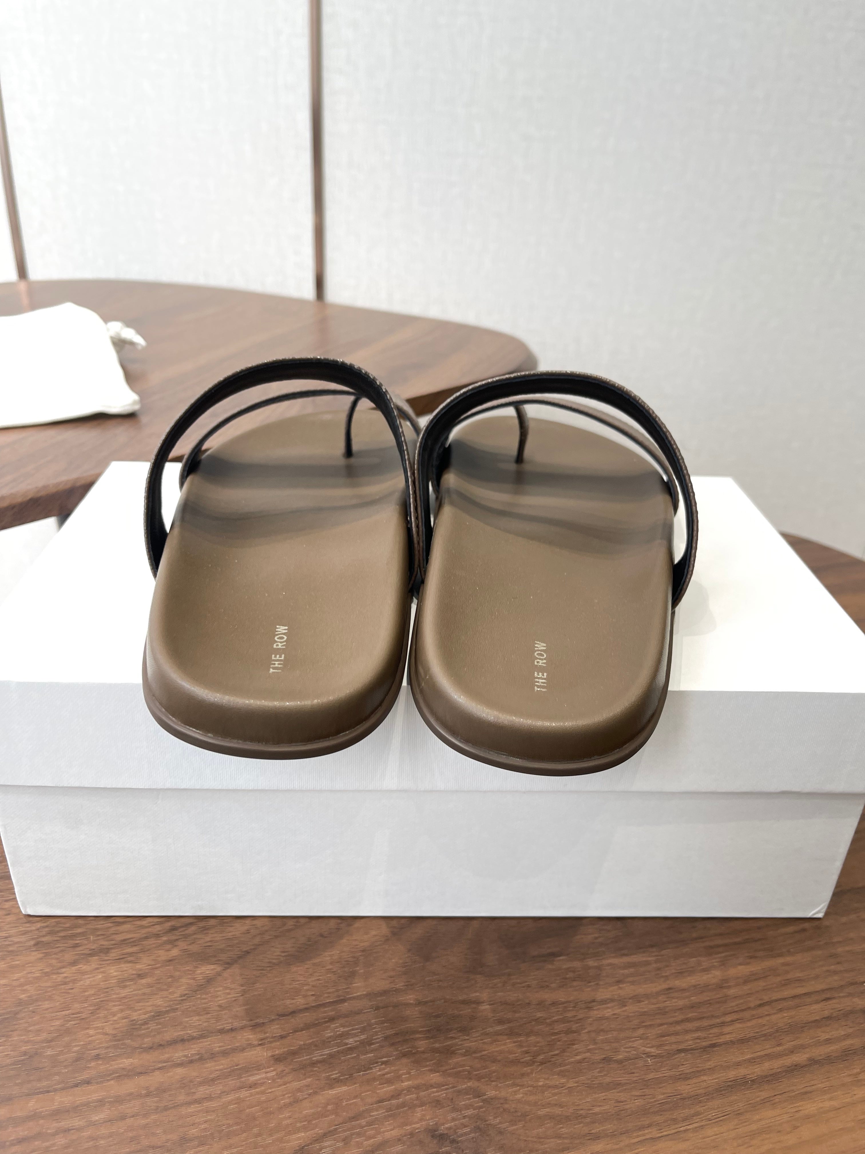 THE ROW 26S DOUBLE STRAP TOE LOOP SLIDE SANDALS IN BROWN CALFSKIN
