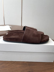 THE ROW 26S SLIDE SANDALS IN CHOCOLATE BROWN SUEDE