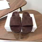 THE ROW 26S SLIDE SANDALS IN CHOCOLATE BROWN SUEDE