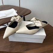 THE ROW 26S SLINGBACK POINTED HEELS IN CREAM WHITE CALFSKIN WITH BOW