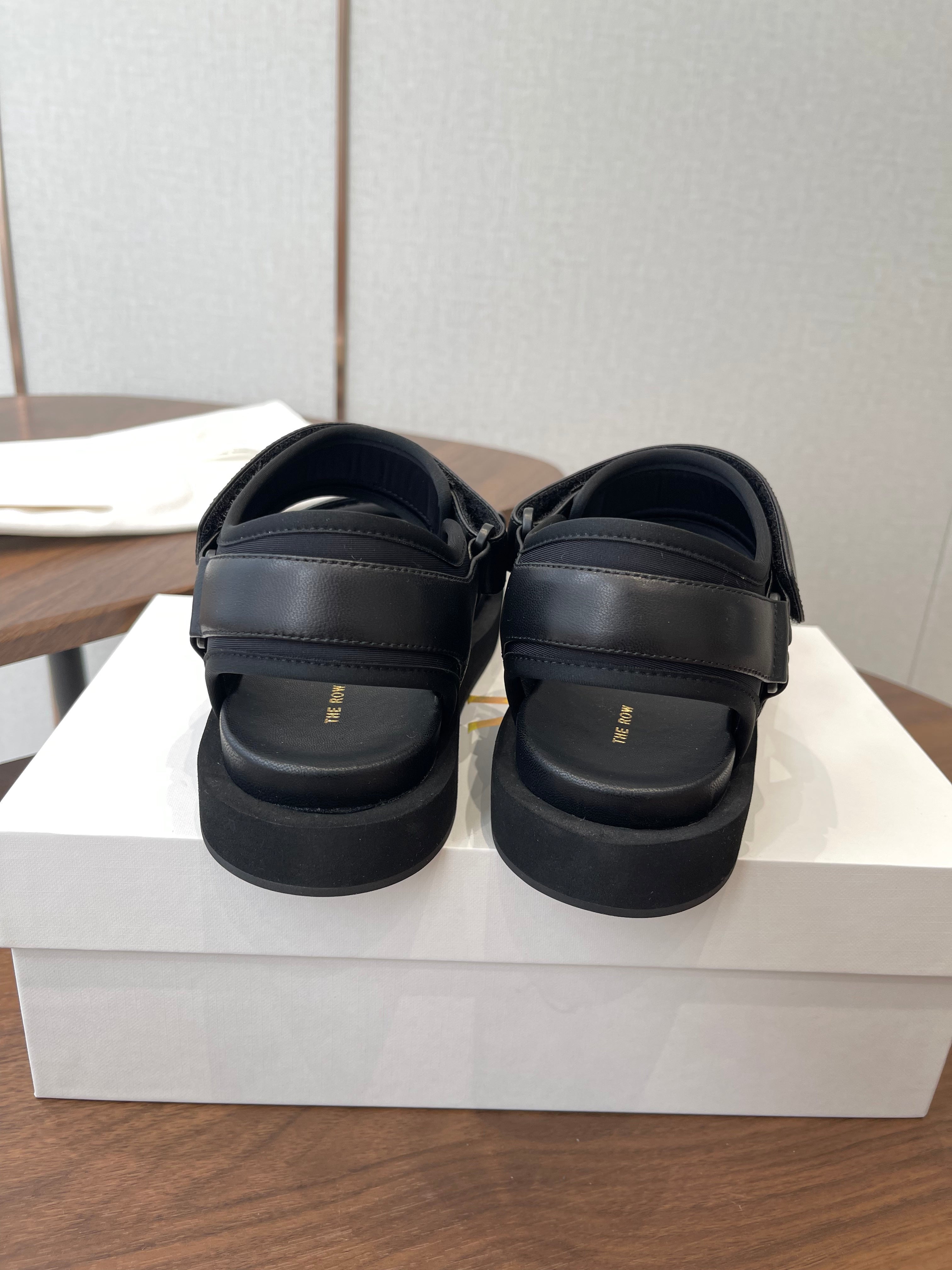 THE ROW 26S DOUBLE STRAP SANDALS IN BLACK CALFSKIN
