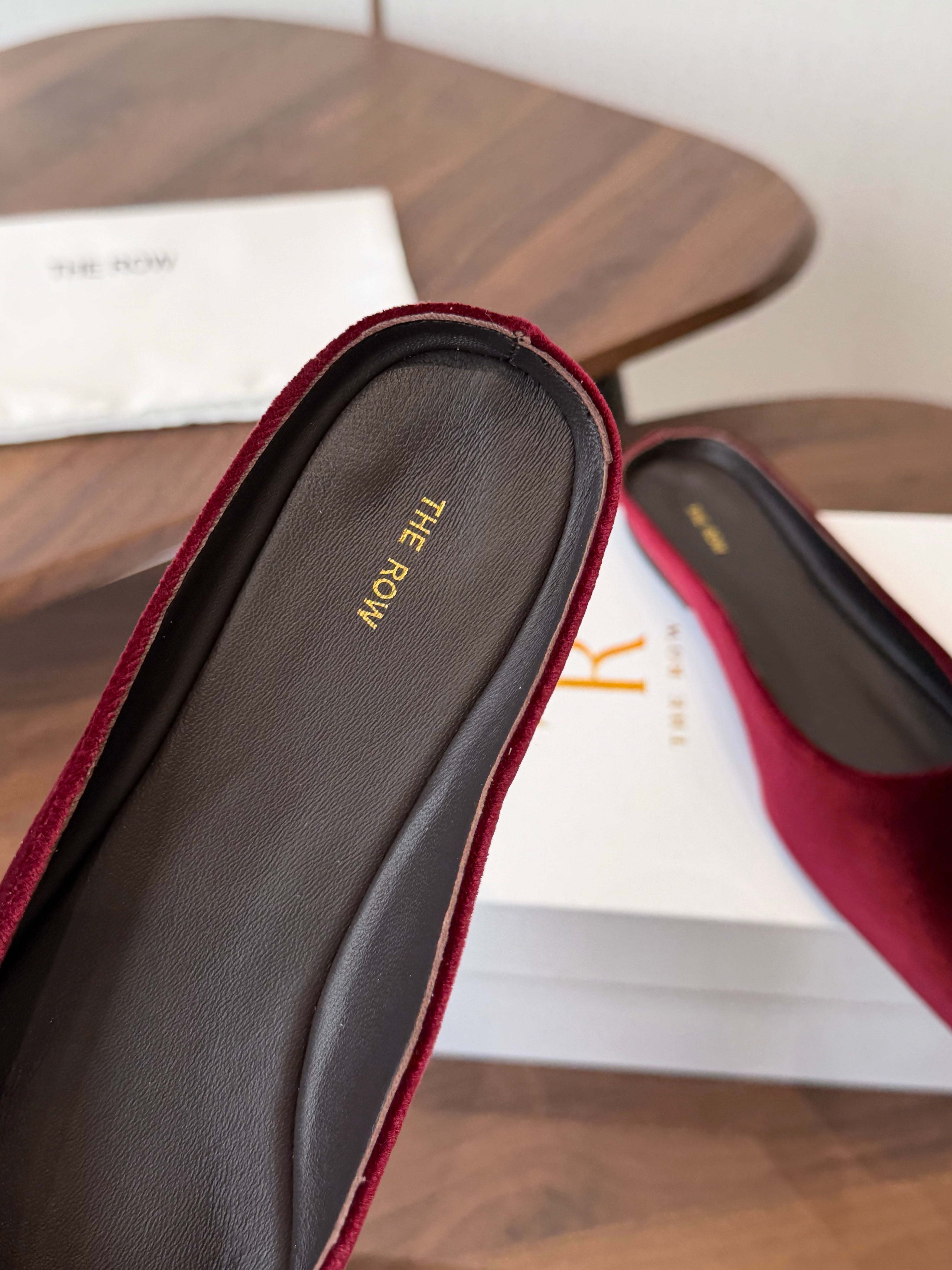 THE ROW 26S POINTED TOE MULES IN BURGUNDY RED VELVET