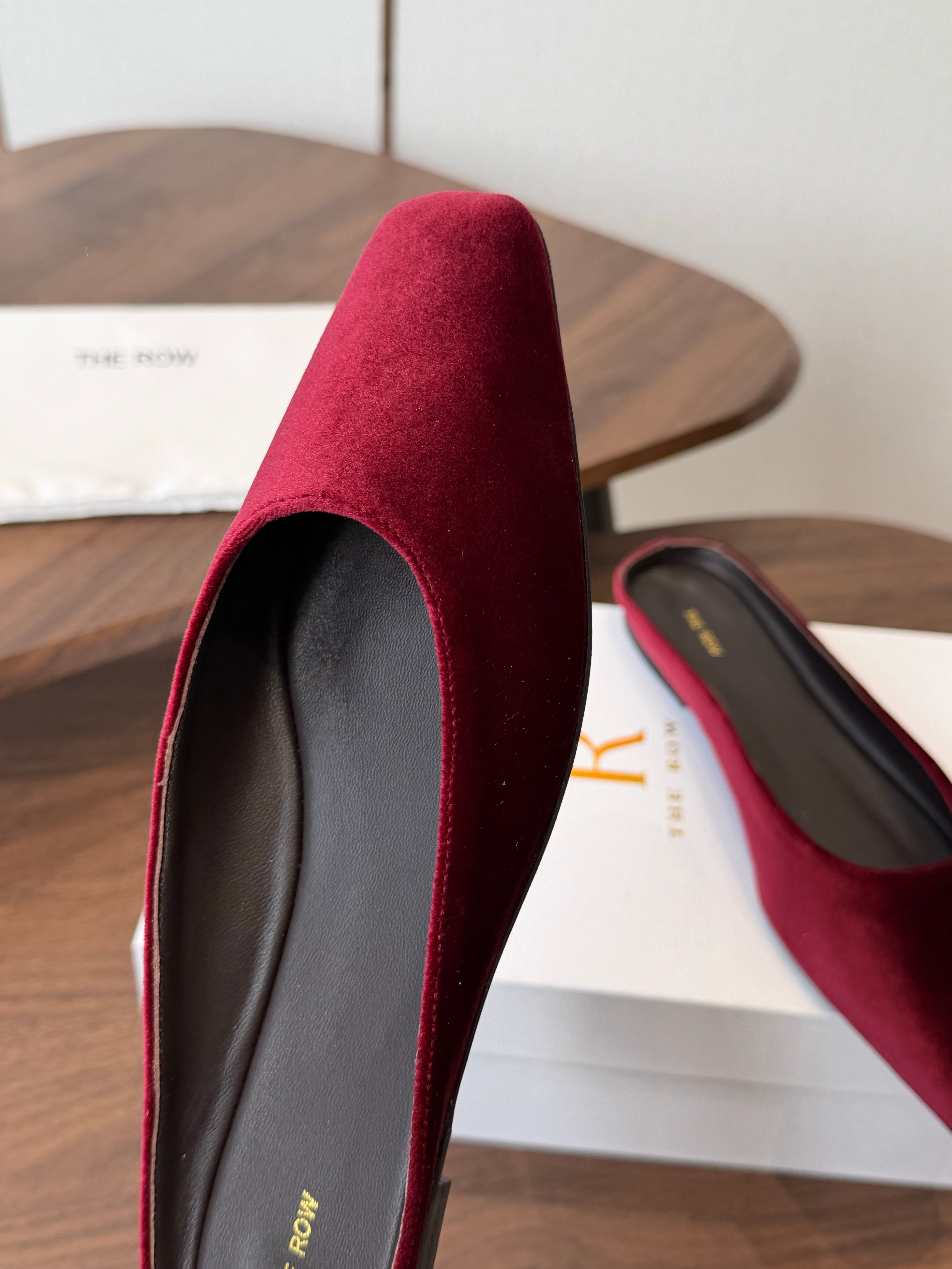THE ROW 26S POINTED TOE MULES IN BURGUNDY RED VELVET