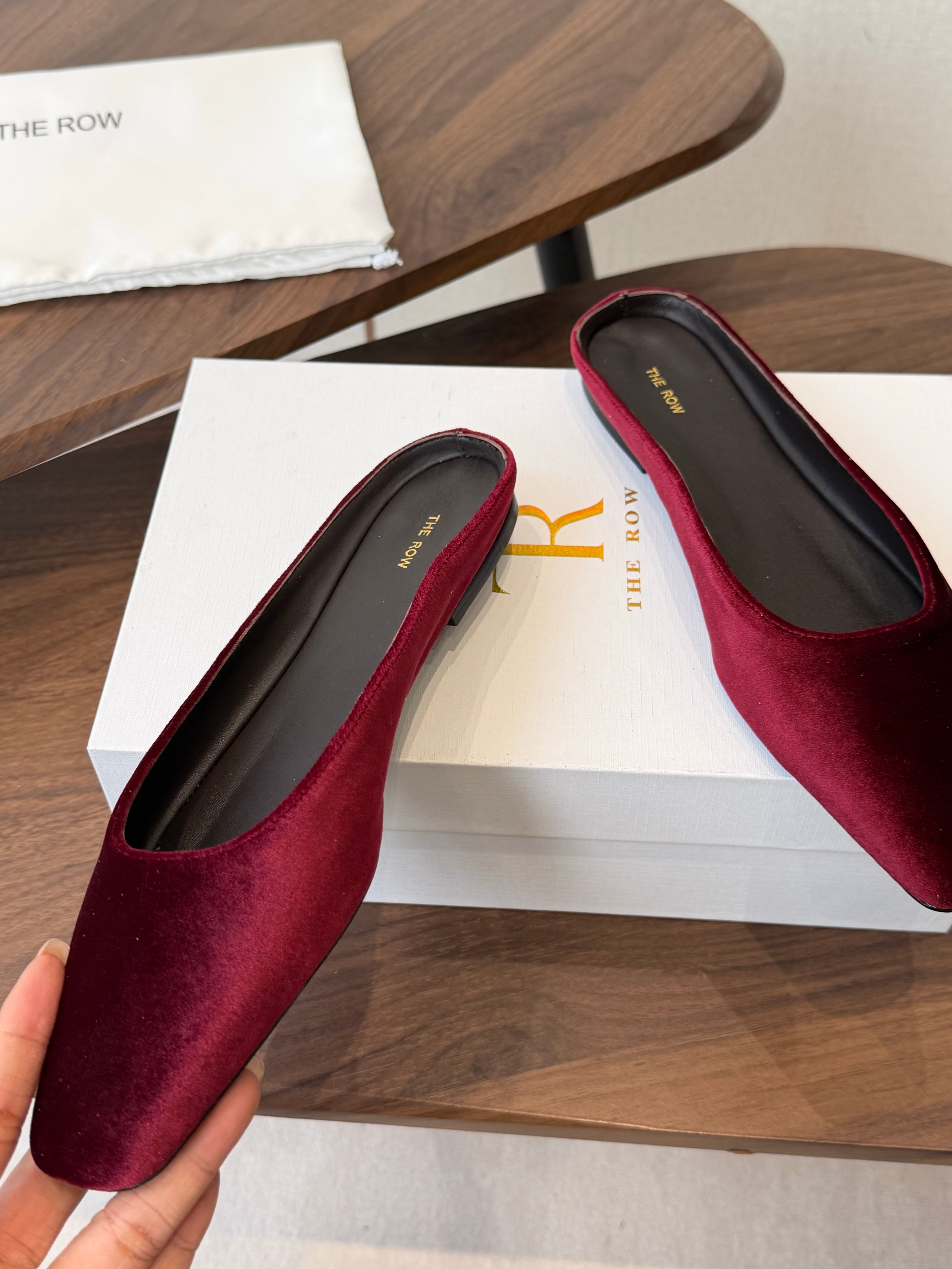 THE ROW 26S POINTED TOE MULES IN BURGUNDY RED VELVET