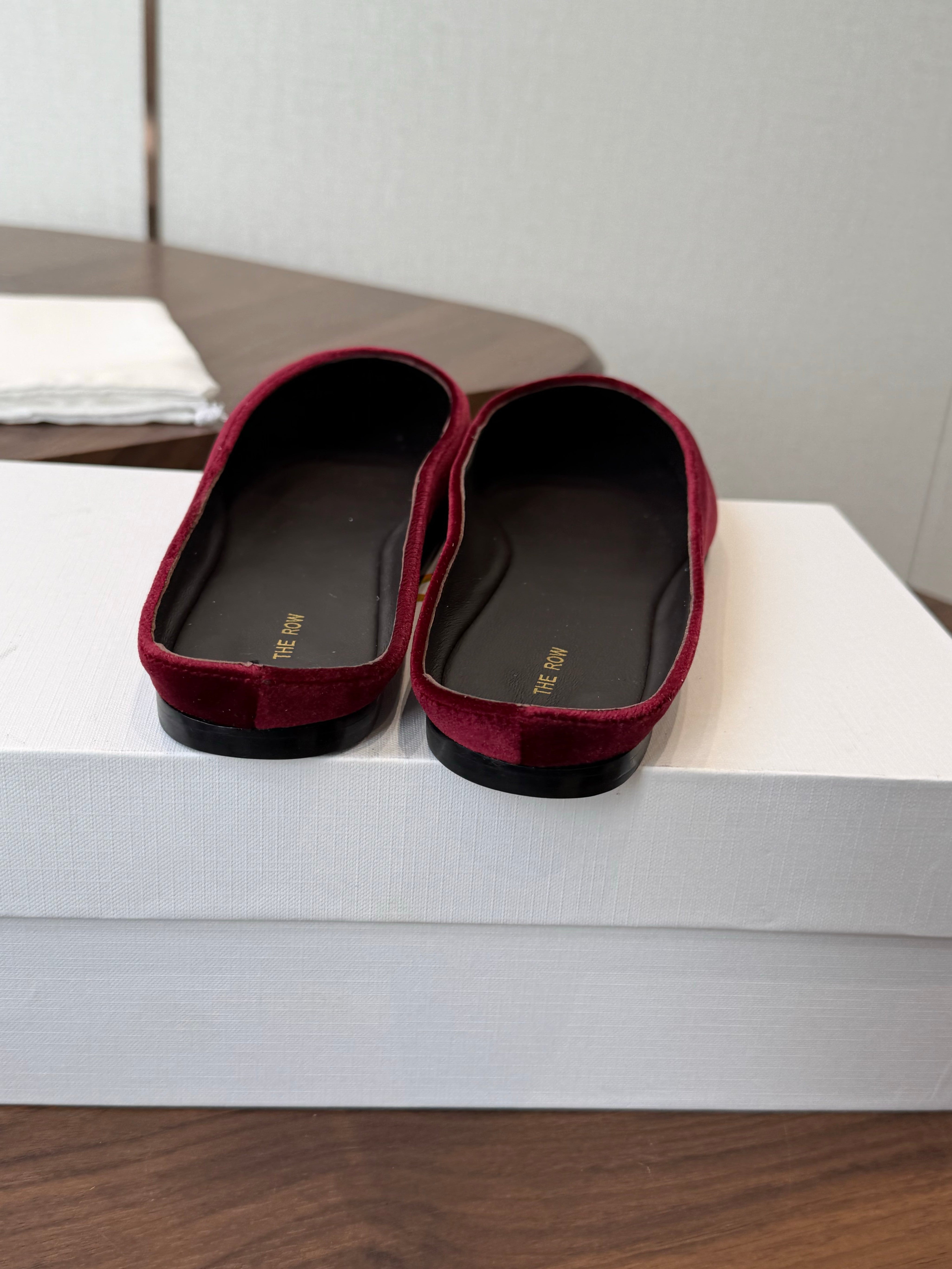 THE ROW 26S POINTED TOE MULES IN BURGUNDY RED VELVET