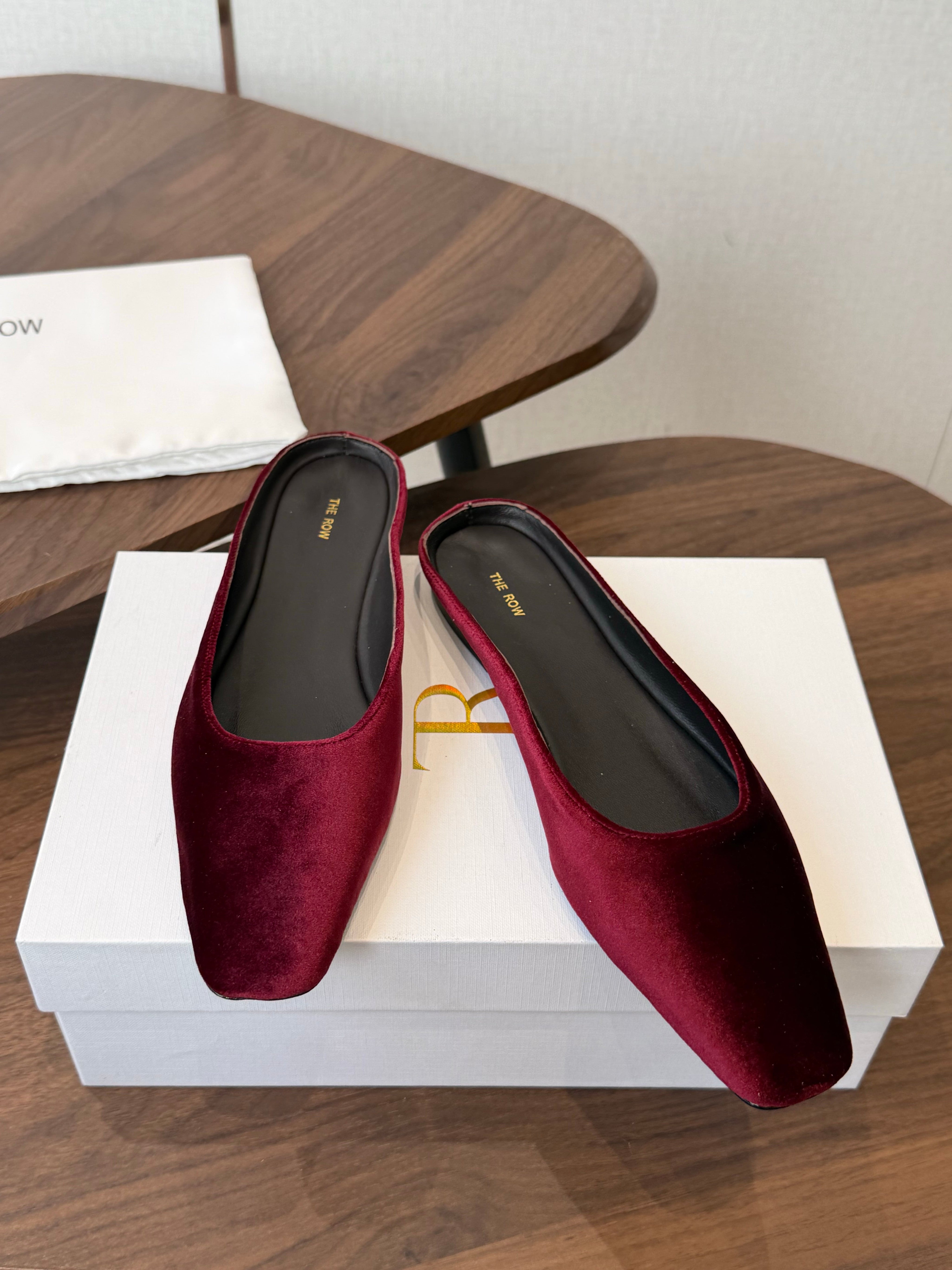 THE ROW 26S POINTED TOE MULES IN BURGUNDY RED VELVET