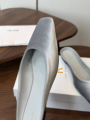 THE ROW 26S POINTED TOE MULES IN LIGHT GREY VELVET