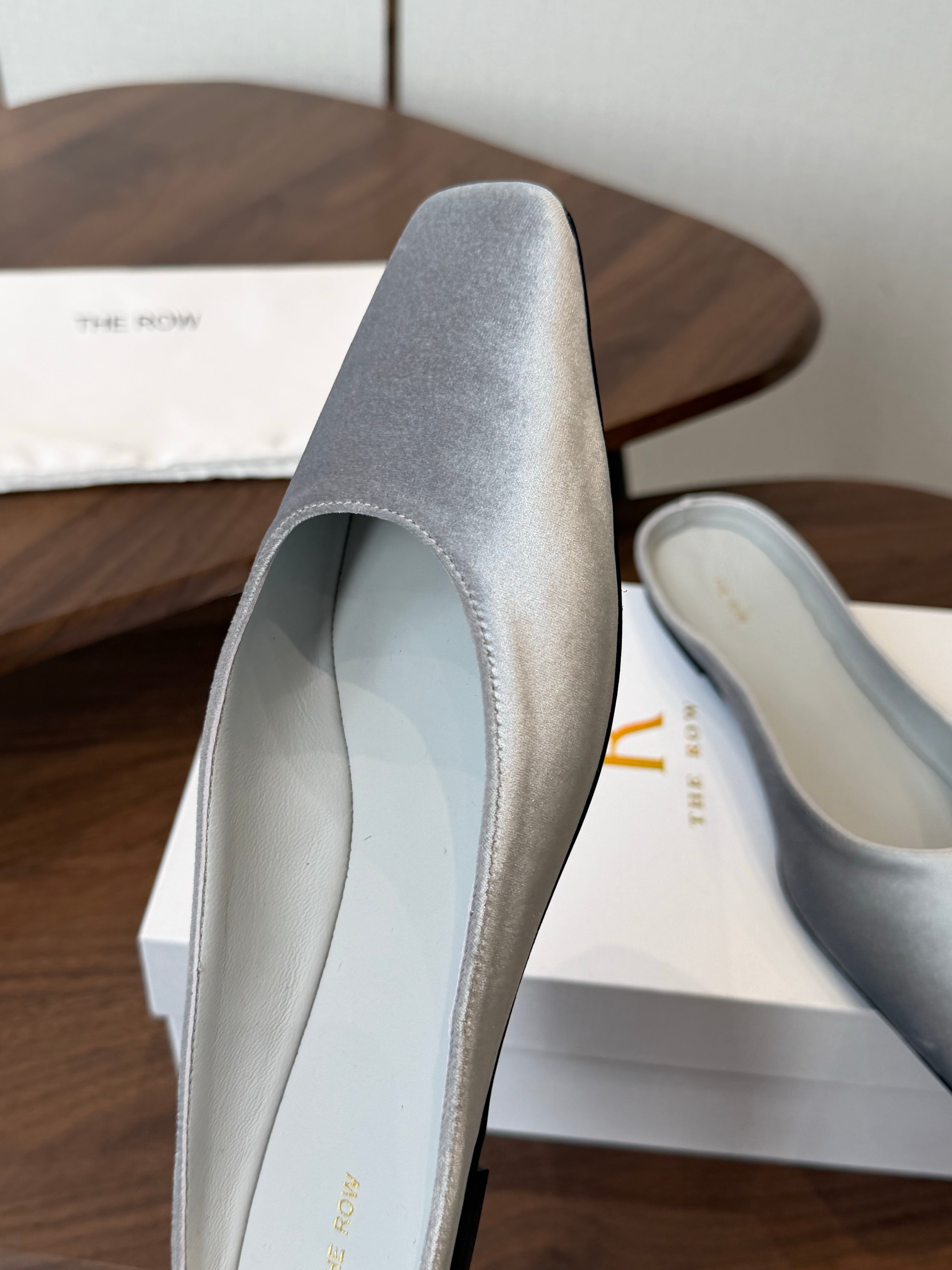 THE ROW 26S POINTED TOE MULES IN LIGHT GREY VELVET