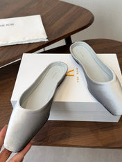 THE ROW 26S POINTED TOE MULES IN LIGHT GREY VELVET
