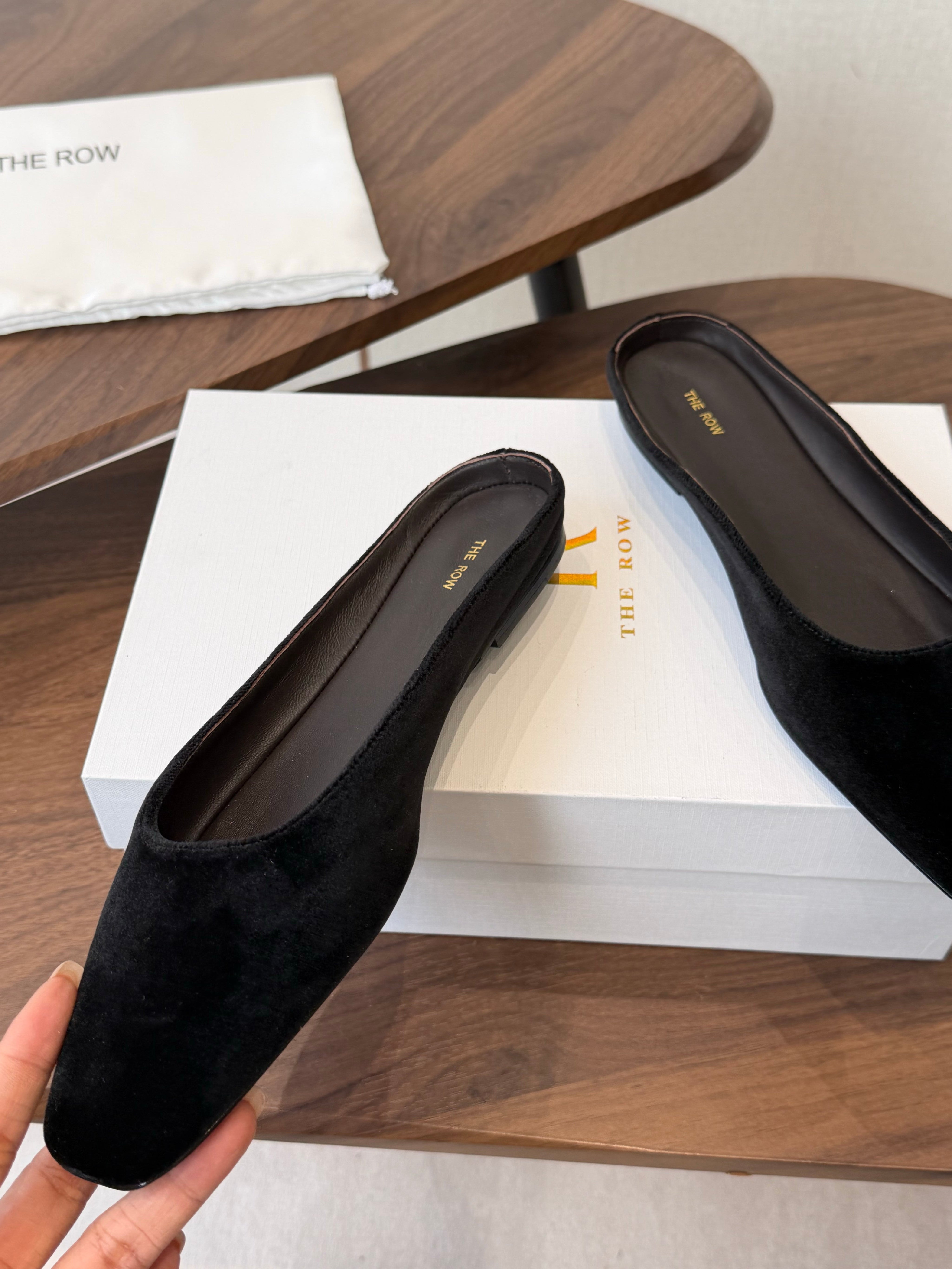 THE ROW 26S POINTED TOE MULES IN BLACK VELVET