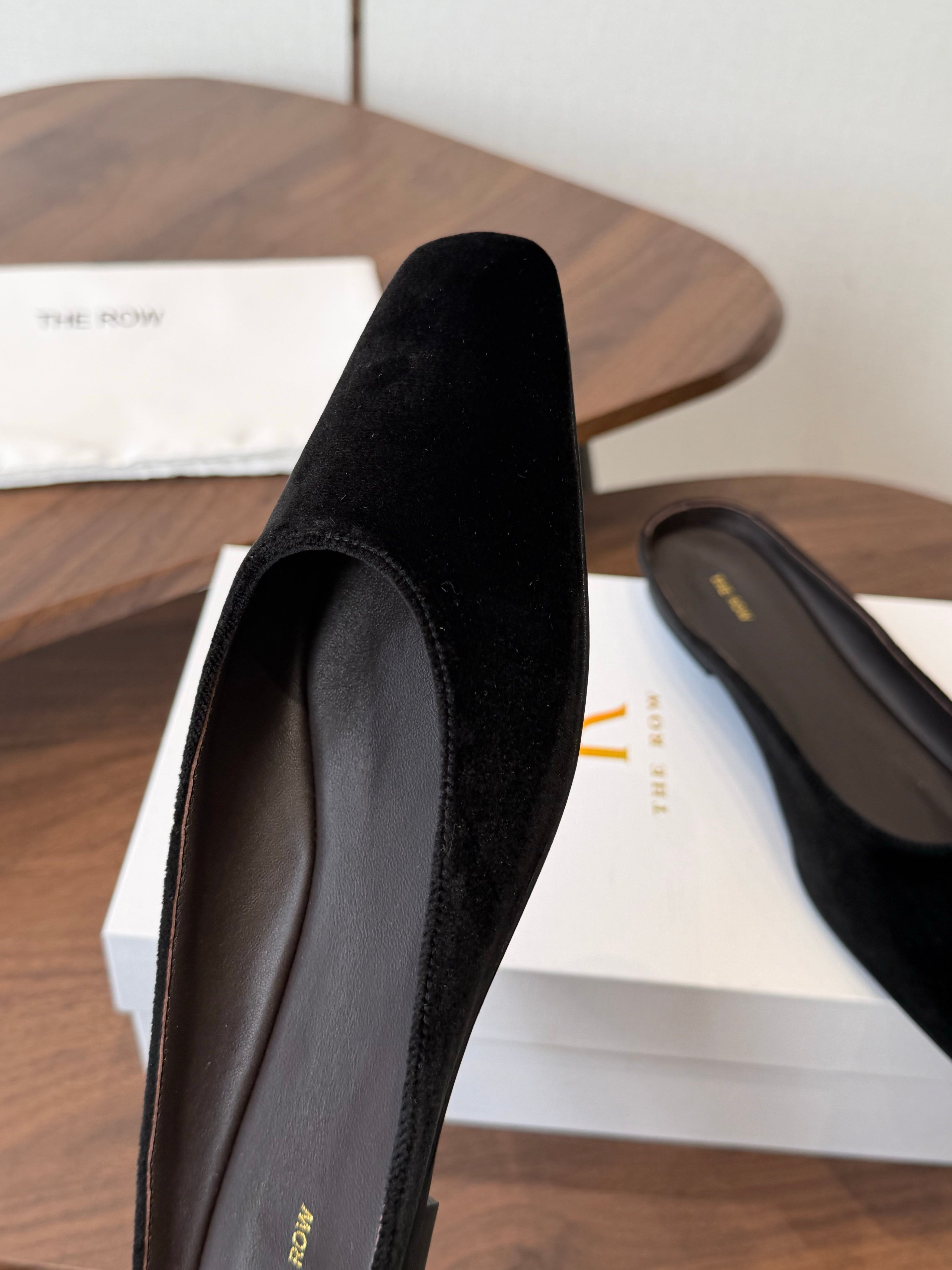 THE ROW 26S POINTED TOE MULES IN BLACK VELVET