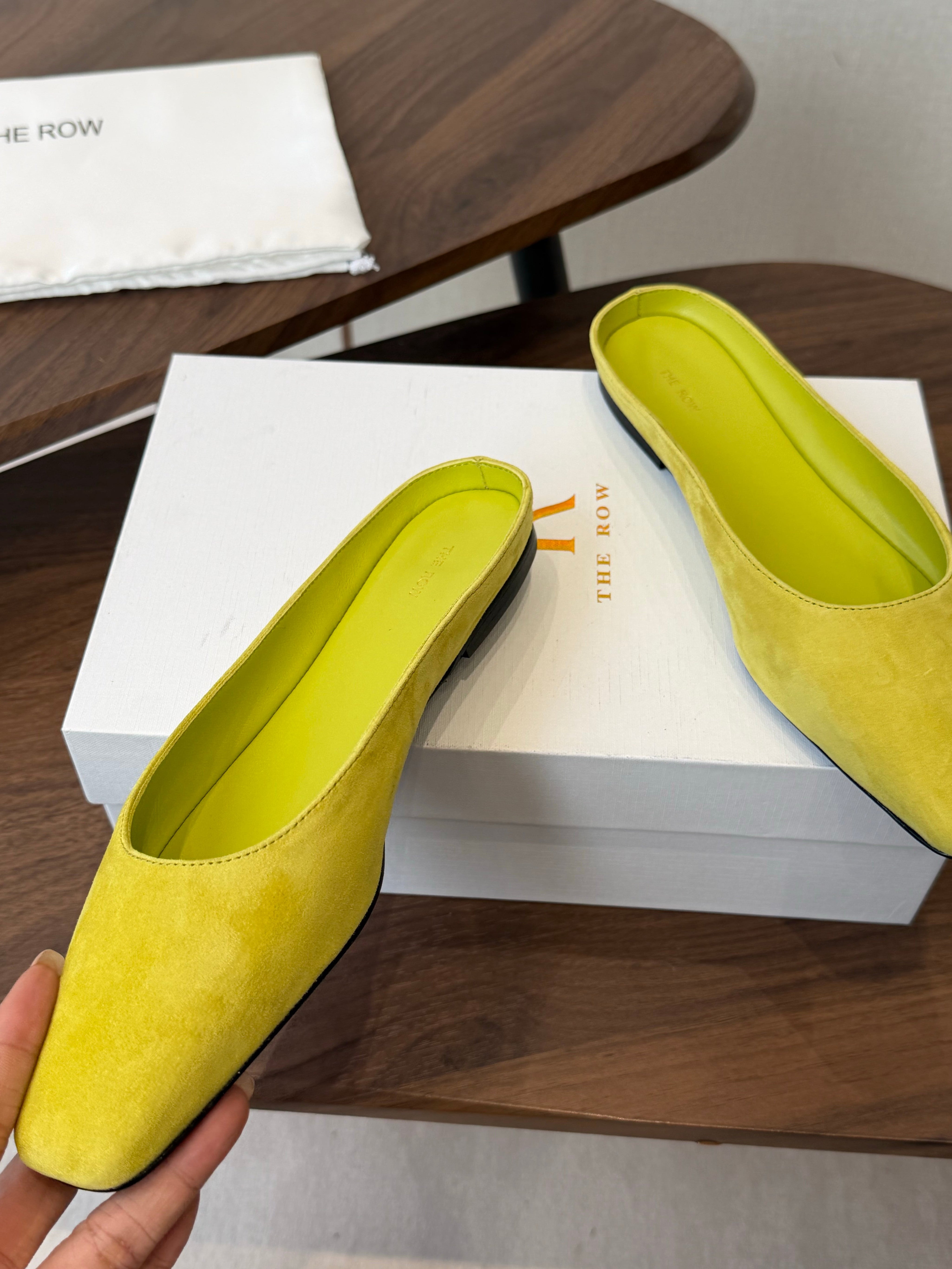 THE ROW 26S POINTED TOE MULES IN LIME GREEN SUEDE