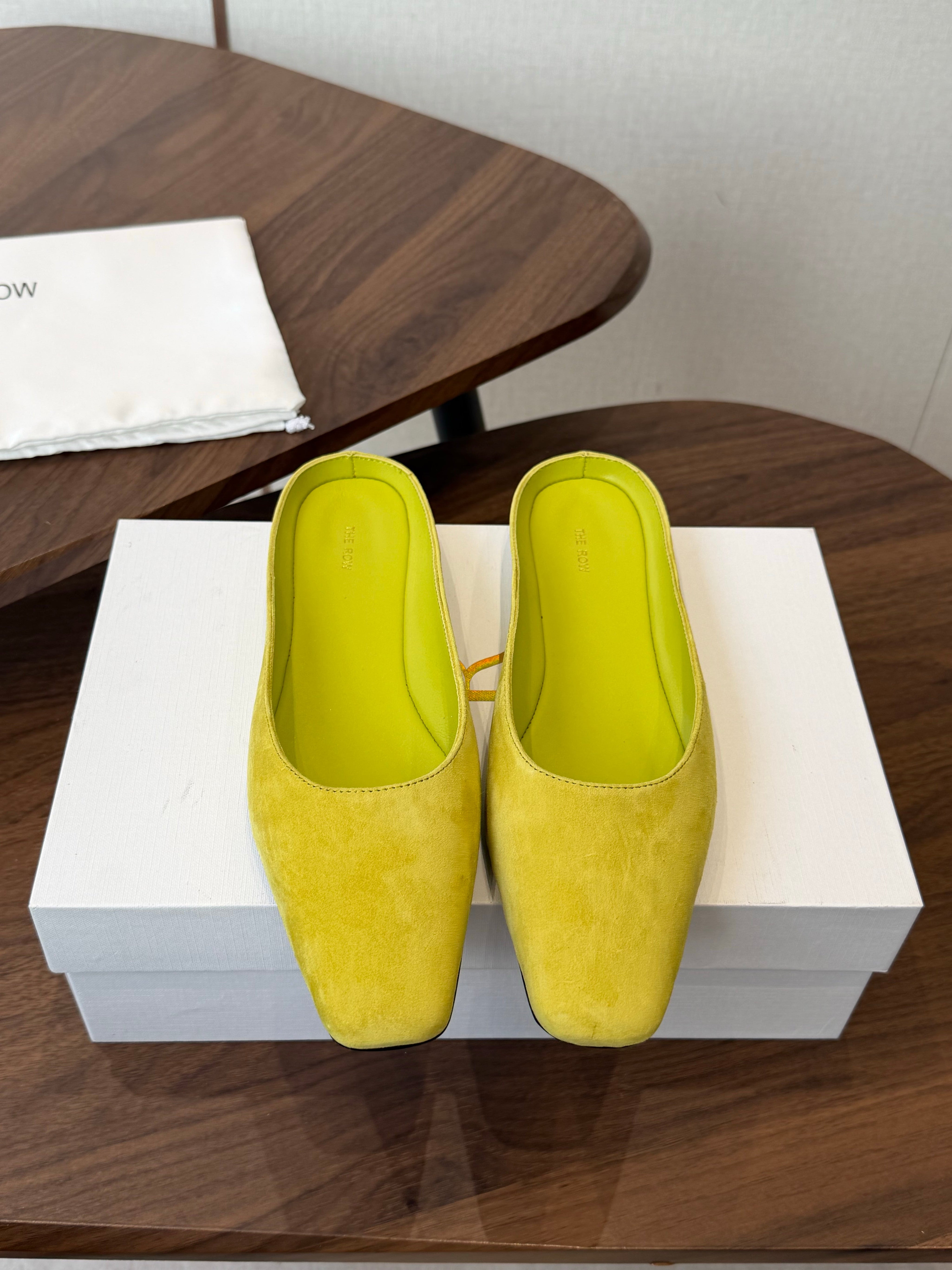 THE ROW 26S POINTED TOE MULES IN LIME GREEN SUEDE