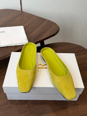THE ROW 26S POINTED TOE MULES IN LIME GREEN SUEDE