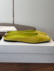 THE ROW 26S POINTED TOE MULES IN LIME GREEN SUEDE