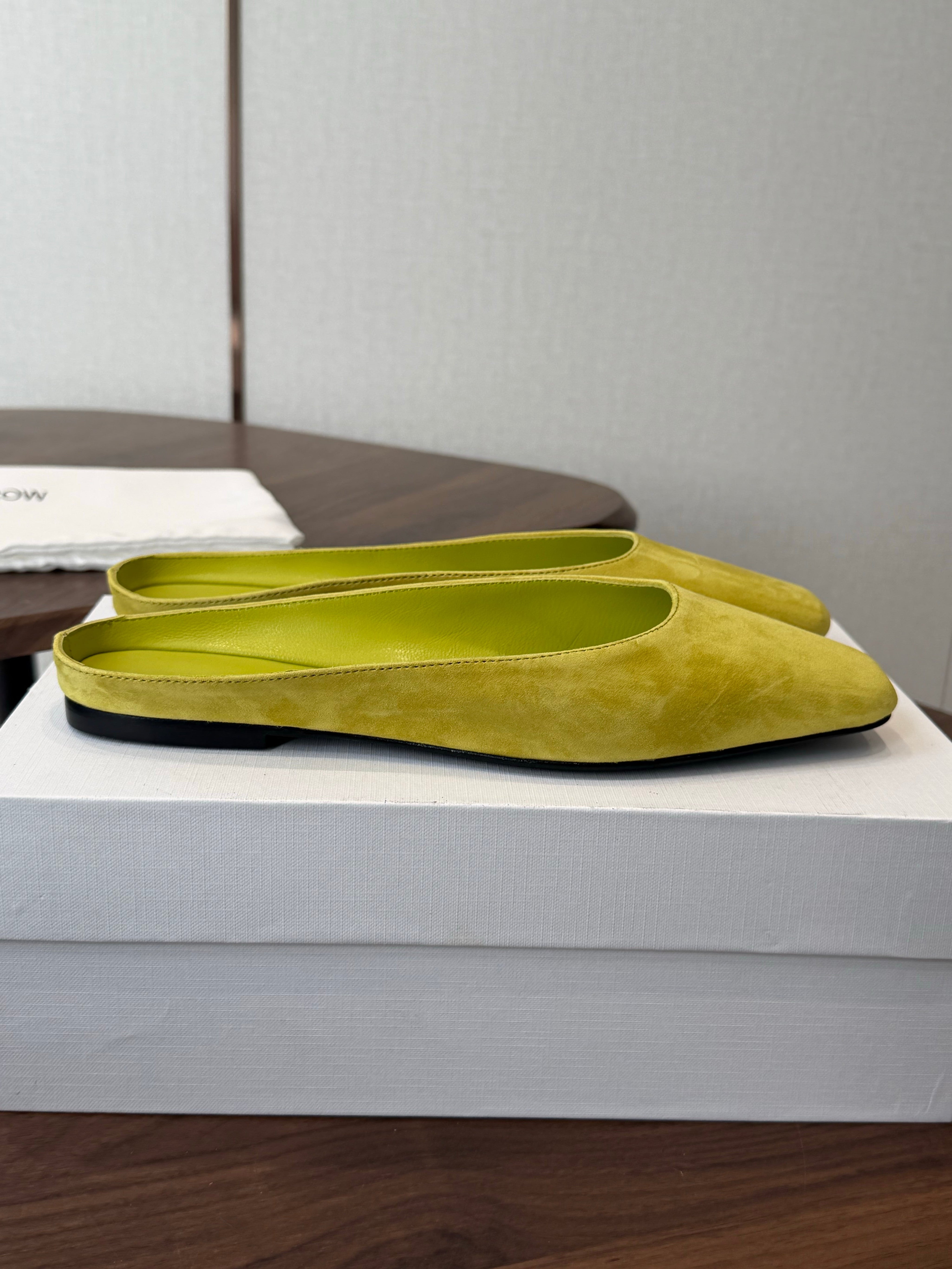 THE ROW 26S POINTED TOE MULES IN LIME GREEN SUEDE