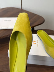 THE ROW 26S POINTED TOE MULES IN LIME GREEN SUEDE