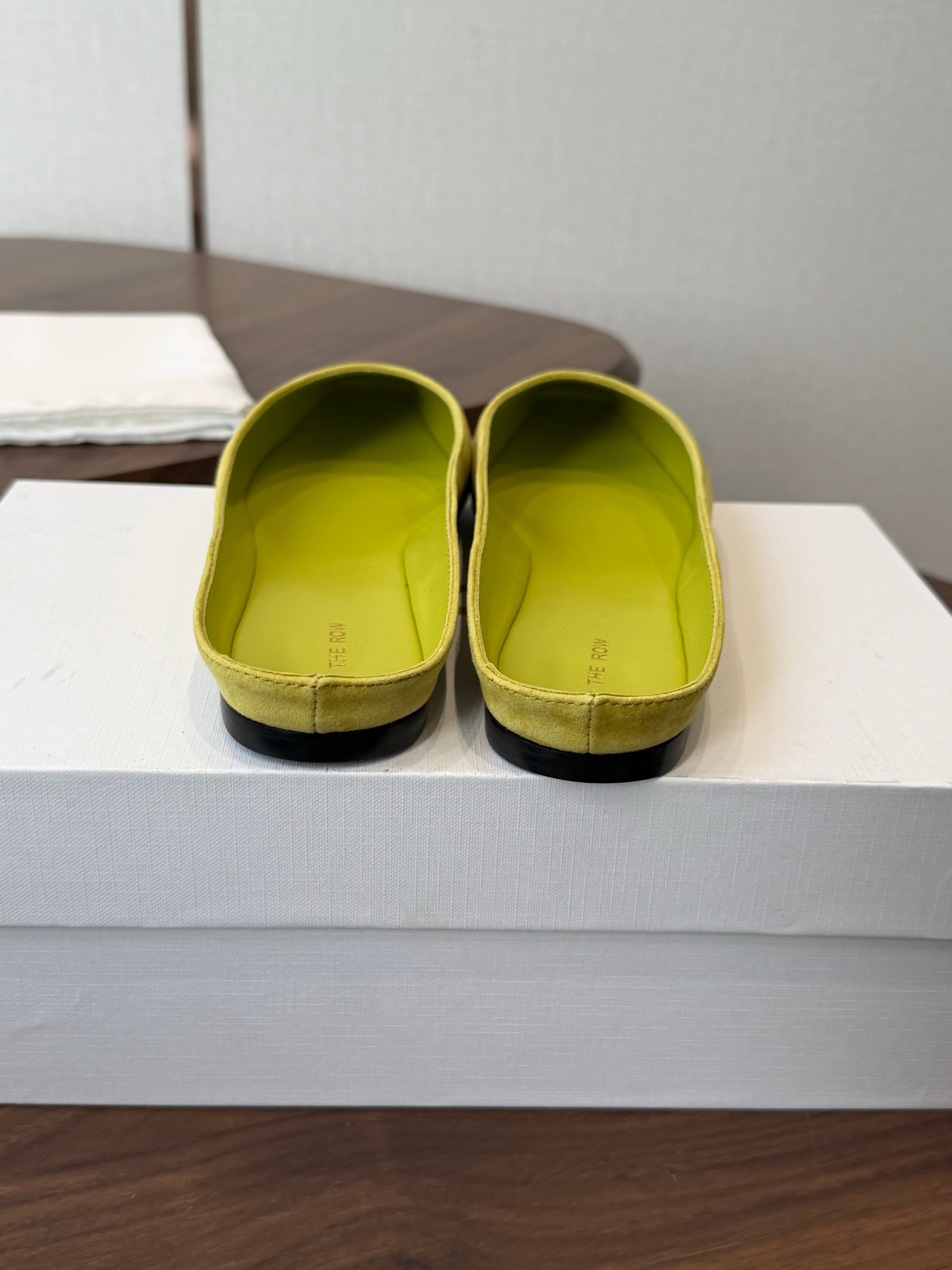 THE ROW 26S POINTED TOE MULES IN LIME GREEN SUEDE