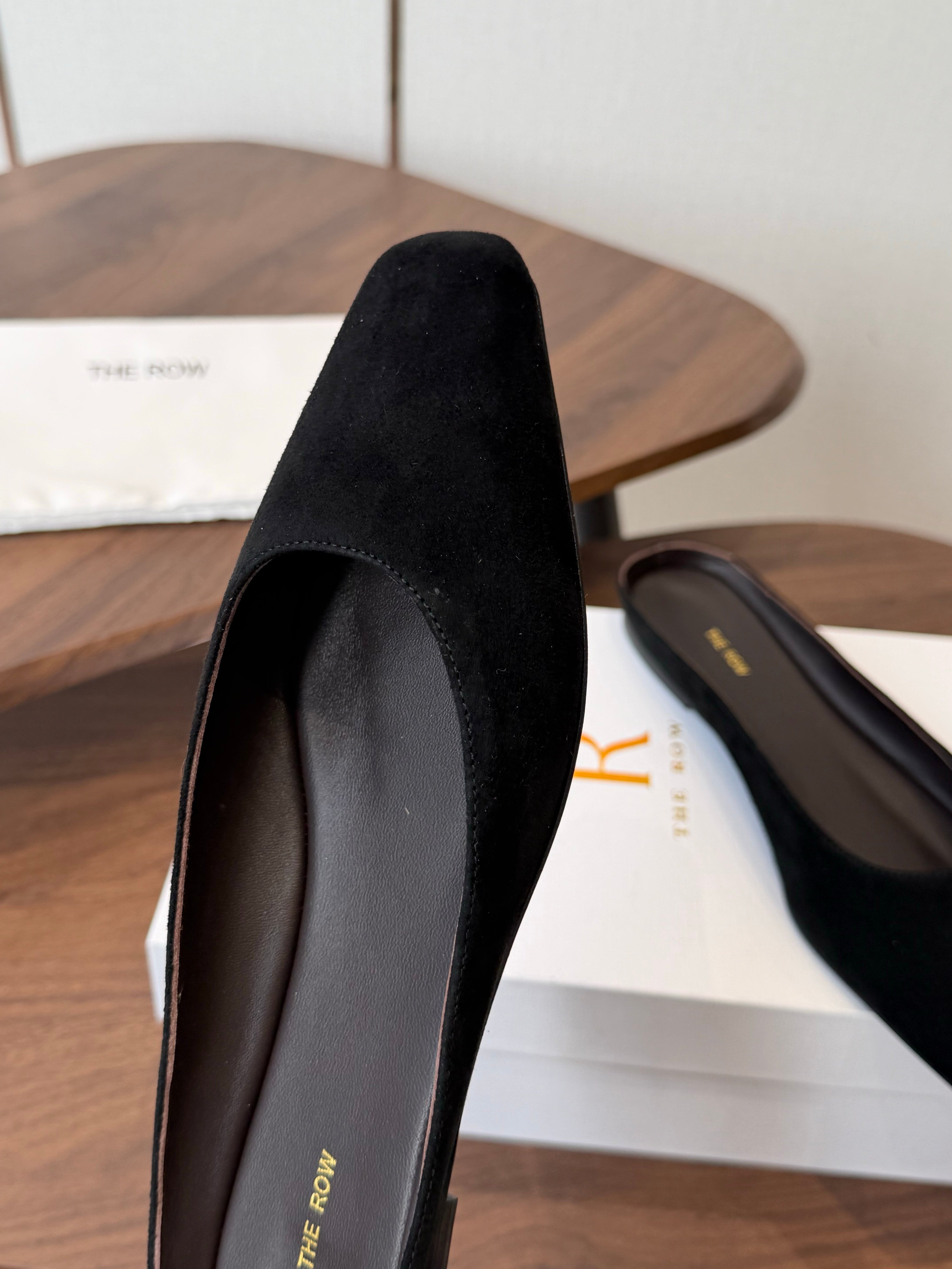 THE ROW 26S POINTED TOE MULES IN BLACK SUEDE