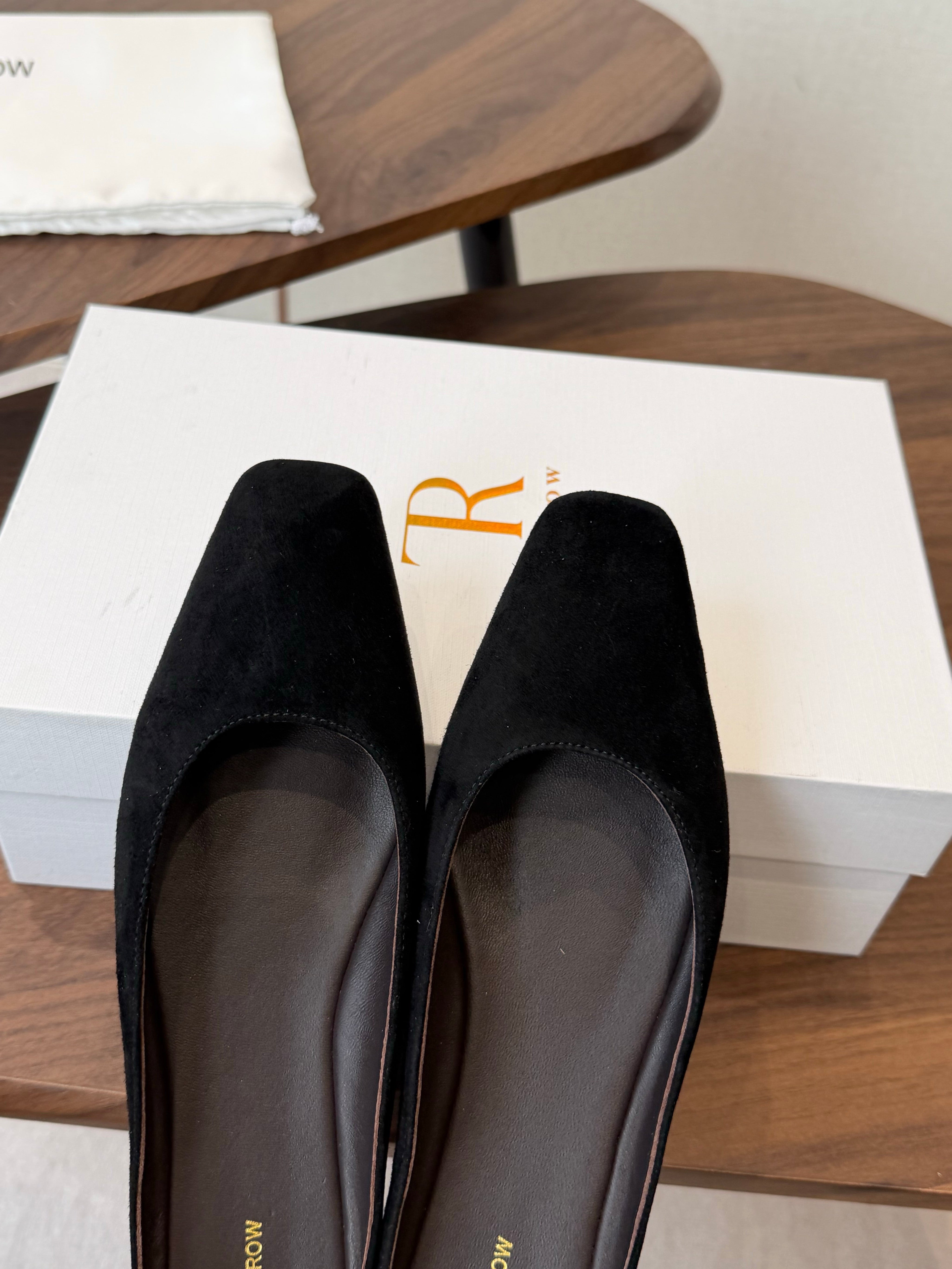 THE ROW 26S POINTED TOE MULES IN BLACK SUEDE