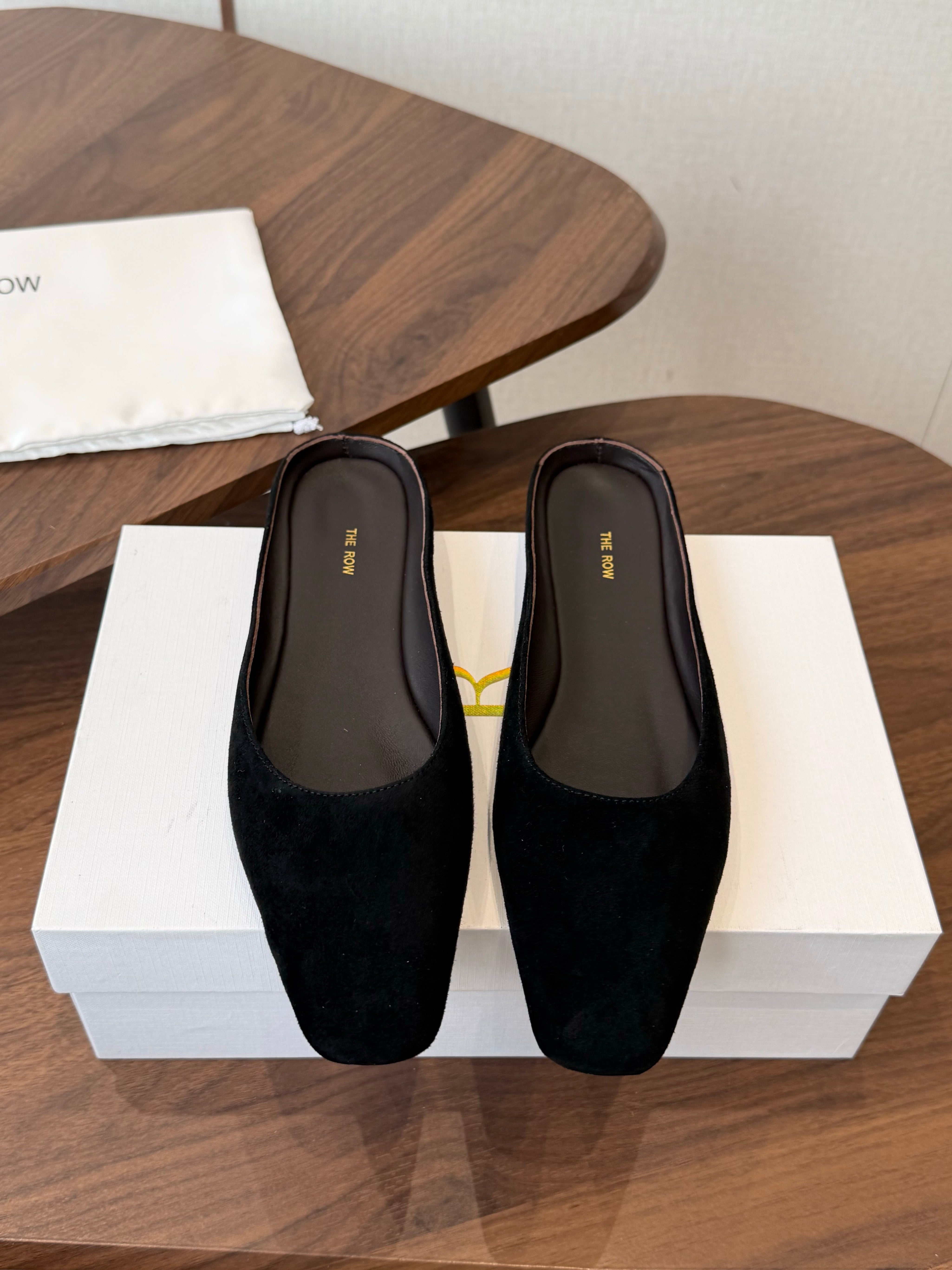 THE ROW 26S POINTED TOE MULES IN BLACK SUEDE