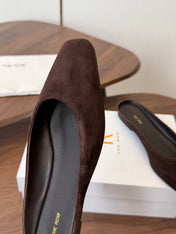 THE ROW 26S POINTED TOE MULES IN DARK BROWN SUEDE